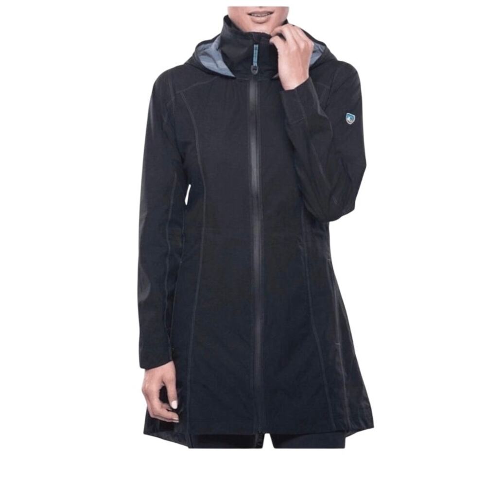 Kuhl Jetstream Trench Coat Jacket Women’s Large Black Hooded Waterproof Outdoor
